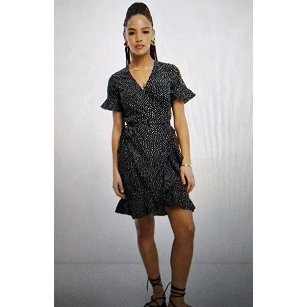 Vero Moda Polka Dot Wrap‎ Frill Mini Dress Womens M Black White V-Neck NWT